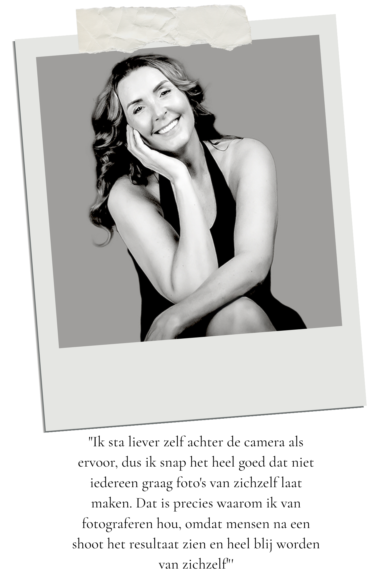 Black and white portrait photograph of someone in a sleeveless top posing against a gray background with text below.