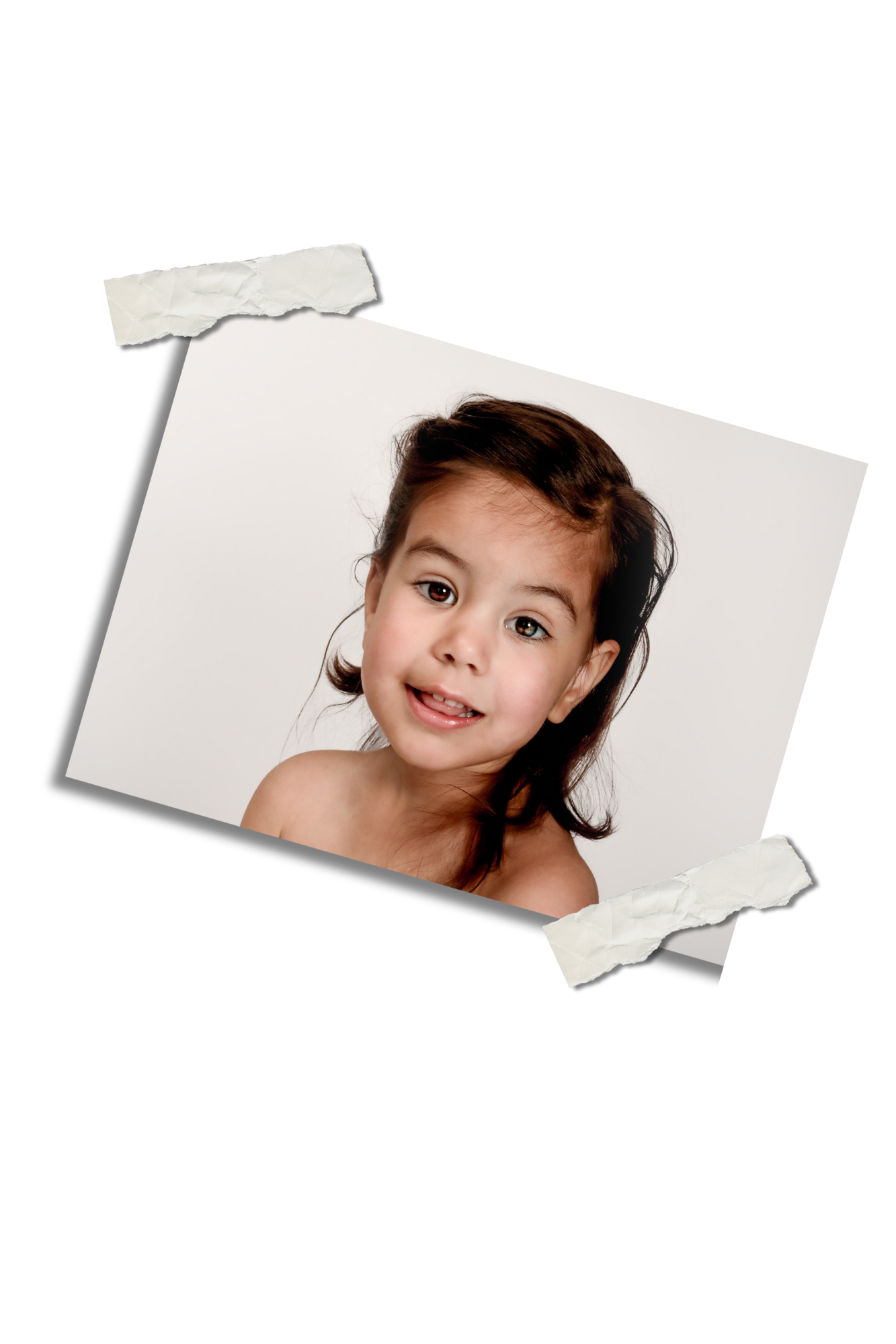 A retro-style photo held with masking tape corners shows a young child against a white background.