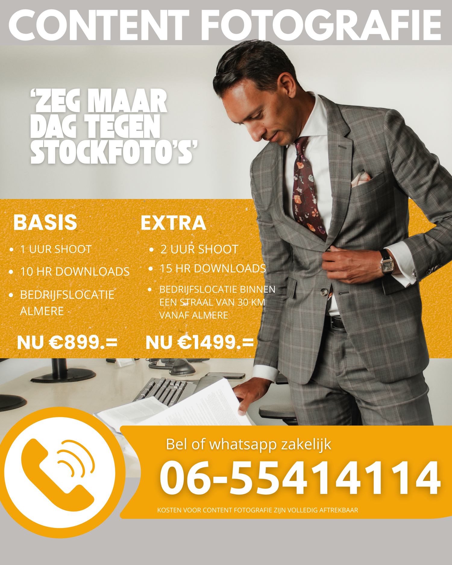 Dutch content photography ad offering BASIS and EXTRA shoot packages, featuring a businessman in a suit, priced from €899.