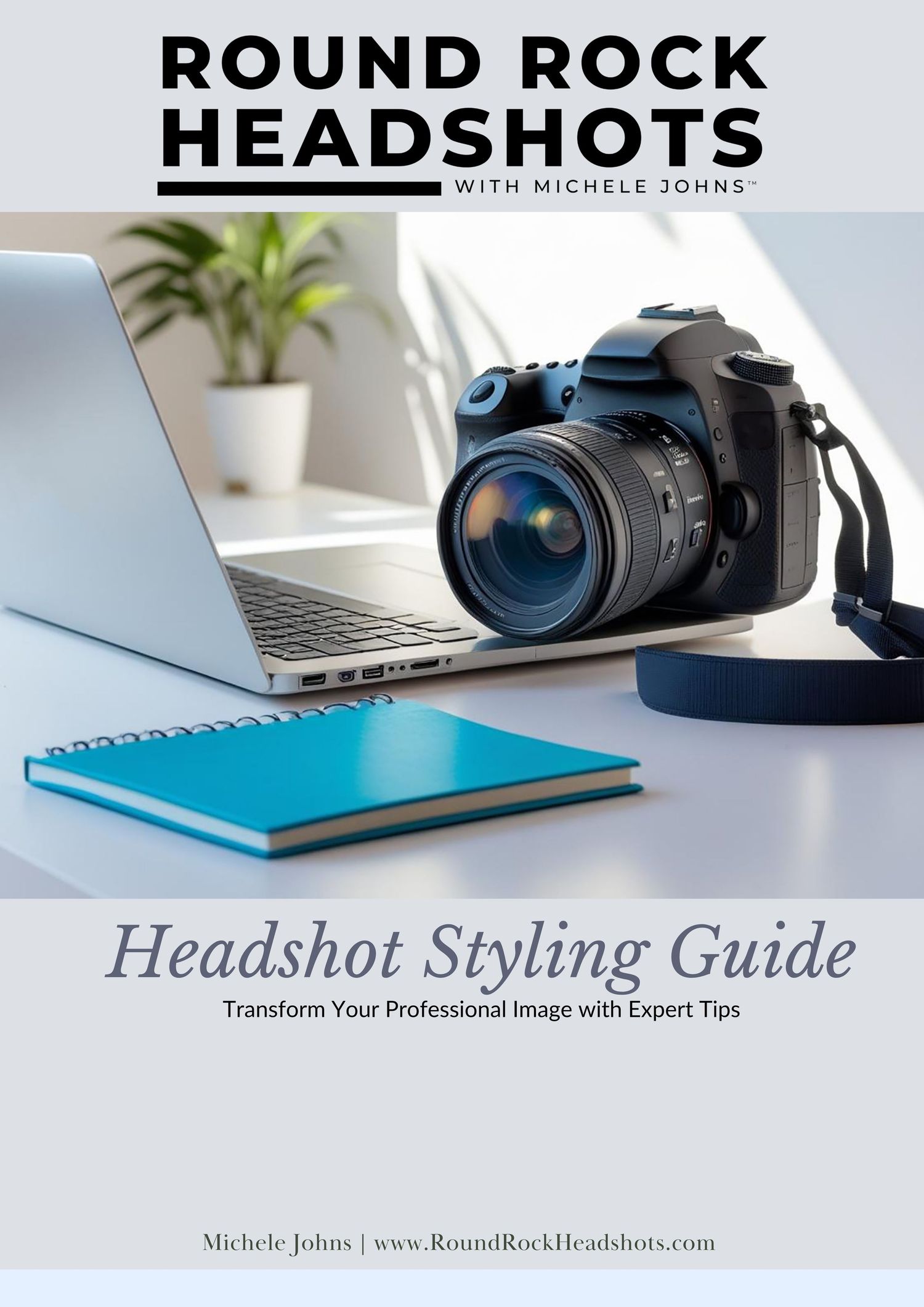 Professional DSLR camera and laptop setup with blue notebook for headshot photography styling guide.