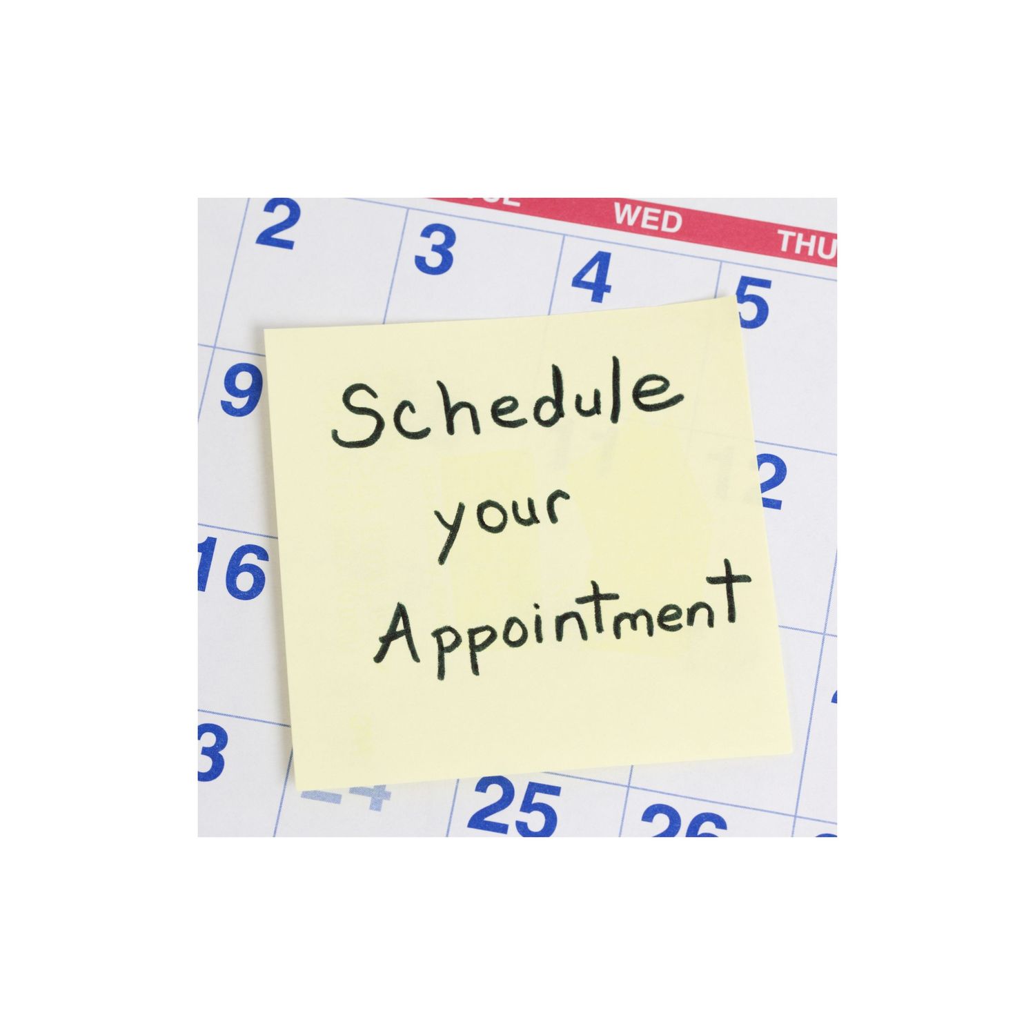 Yellow sticky note reminder to schedule an appointment placed on a monthly calendar showing dates and numbers.