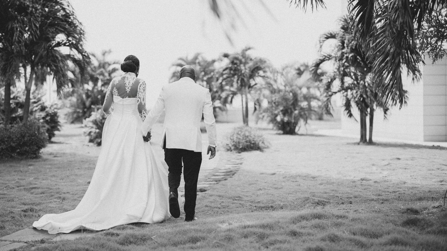 A collection of black and white wedding photographs arranged in a panoramic strip showing outdoor ceremony moments.
