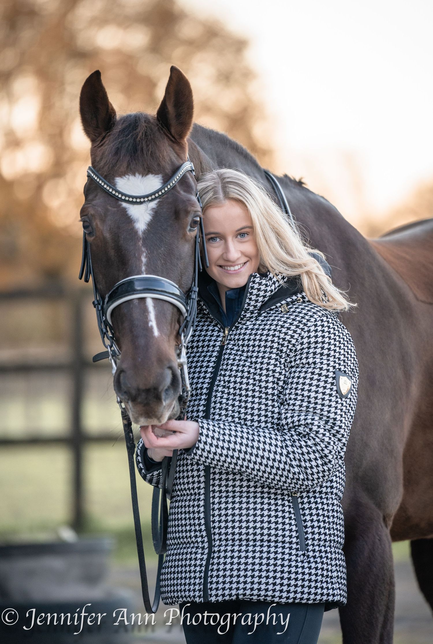 A series of four outdoor portraits showing someone in a black and white checkered coat posing with a dark brown horse.