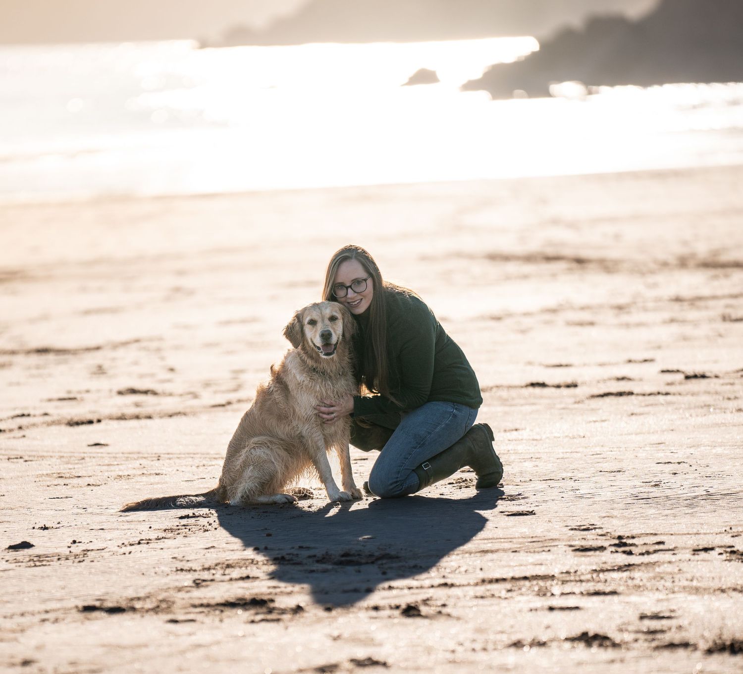 A sequence of identical beach scenes showing a person in blue crouching next to a dog on sandy shore at sunset.