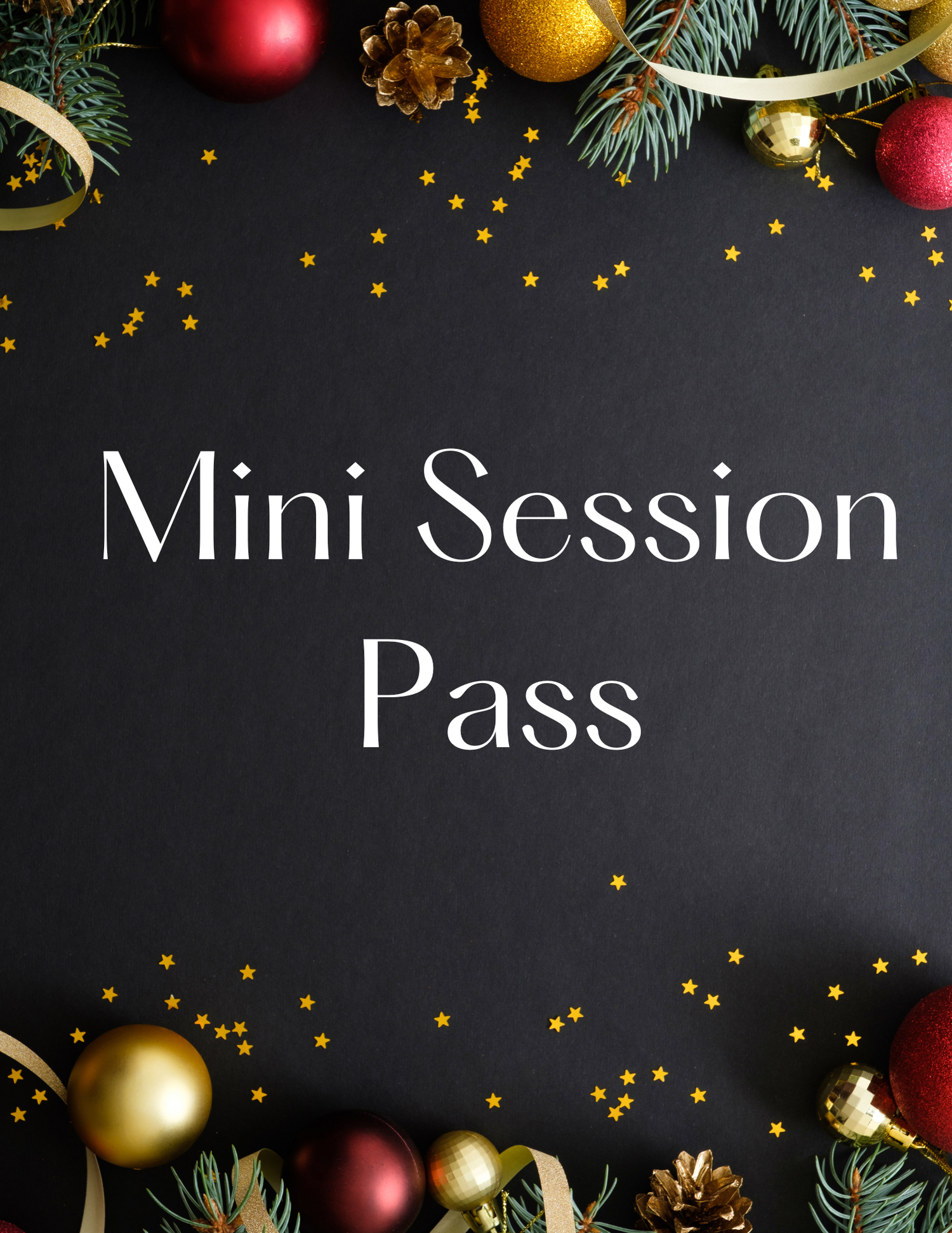 Dark background with gold and red Christmas ornaments and text saying Mini Session.