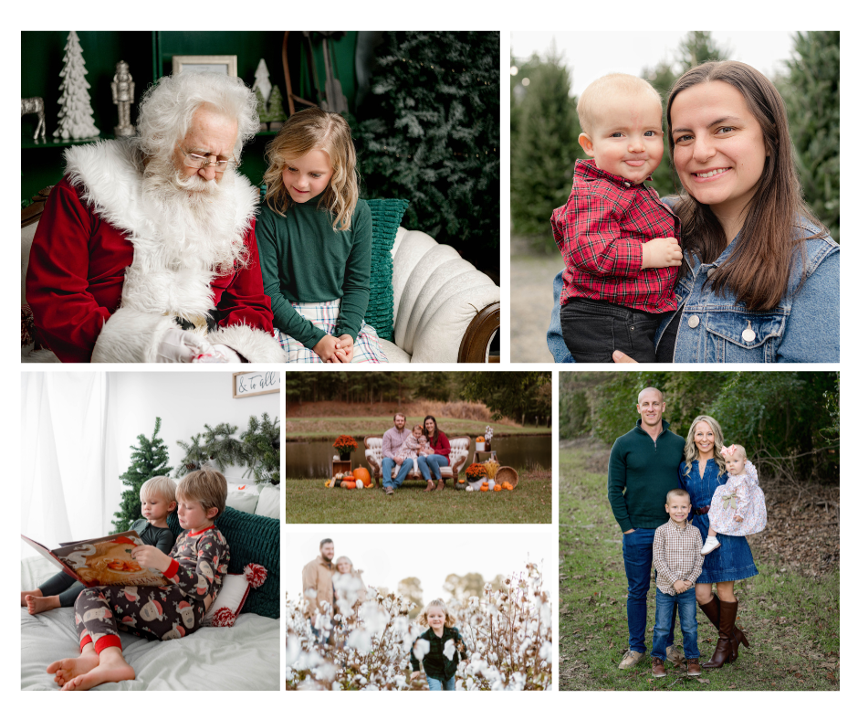 A festive Christmas photo collage featuring family portraits, Santa Claus with a child, and holiday outdoor sessions.