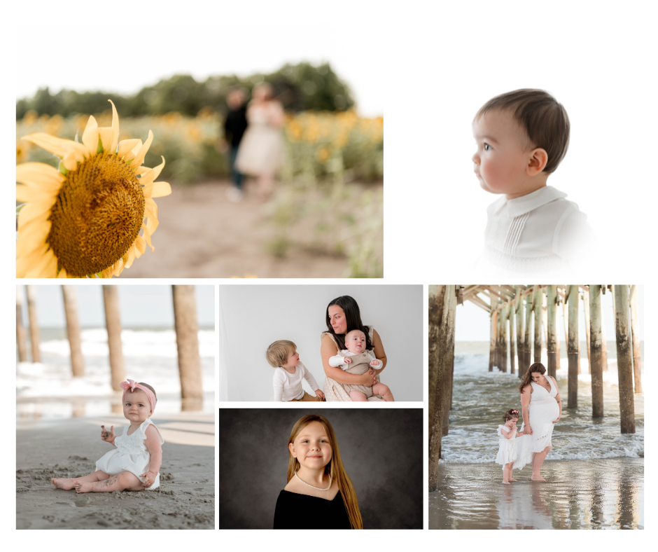 A collage of family photography including sunflowers, a baby portrait, beach sessions, and a mother with children.