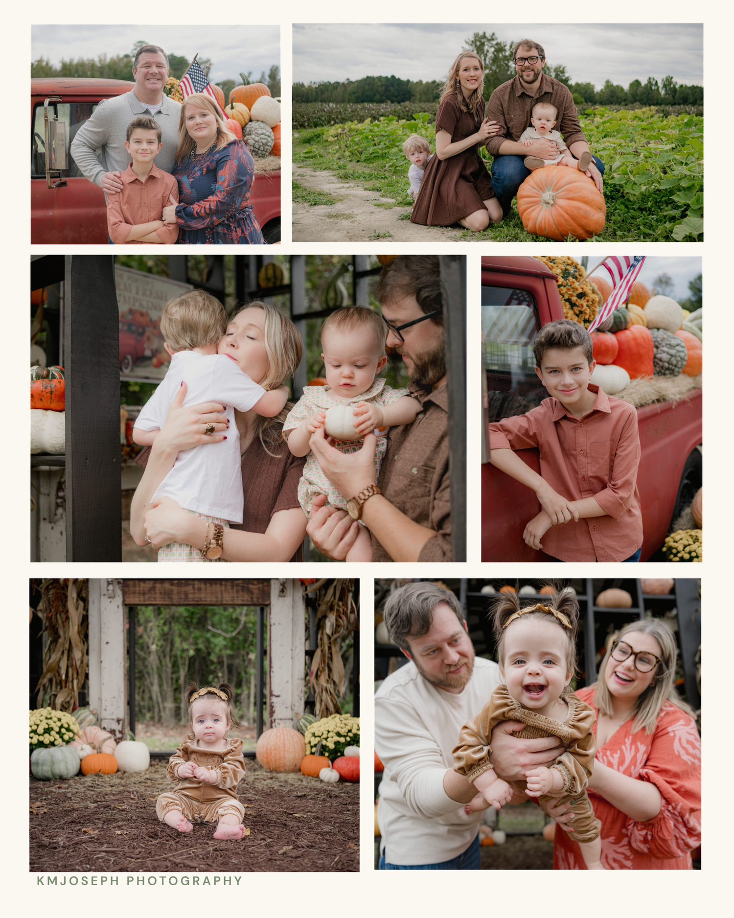 Fall family photo collage at a pumpkin patch with a vintage red truck, featuring parents and children in autumn outfits.
