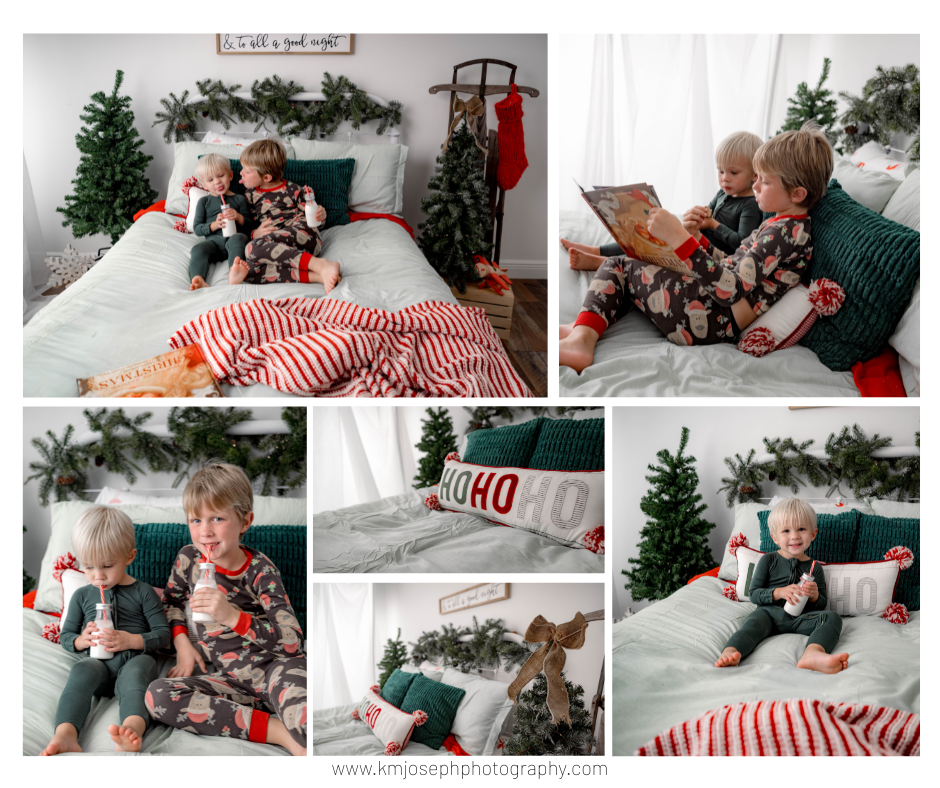 Cozy Christmas photo session featuring festive decorations and holiday-themed props on white bedding.