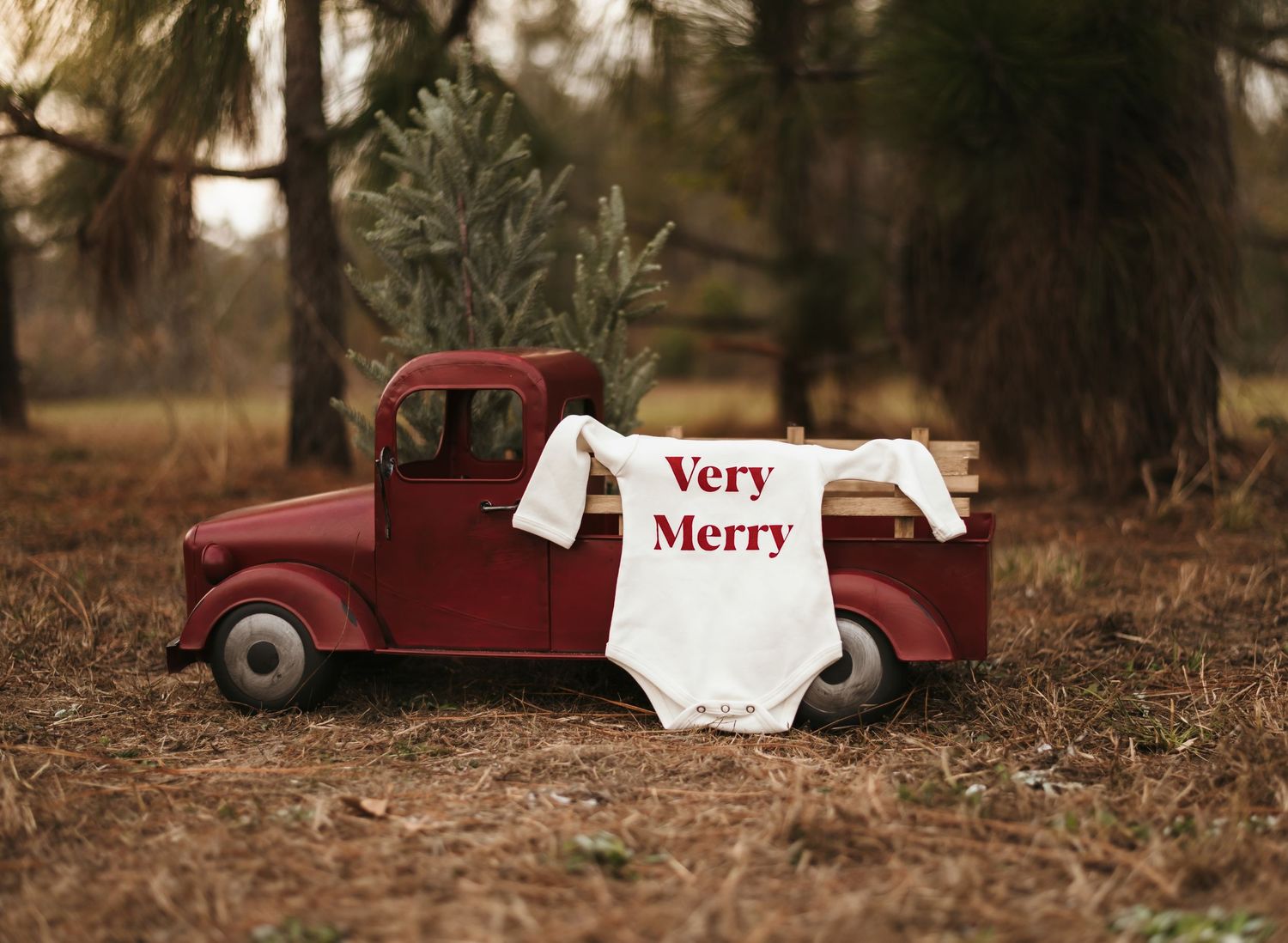 Vintage red truck decorated with 'Merry' sign and holiday decor in rustic outdoor setting.