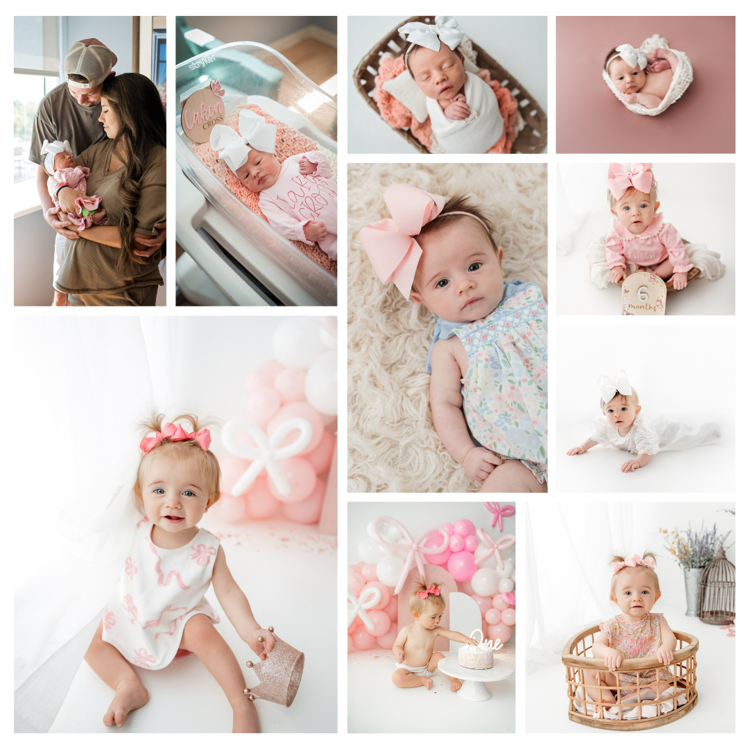Pink-themed baby milestone photo collage showing growth and special moments.