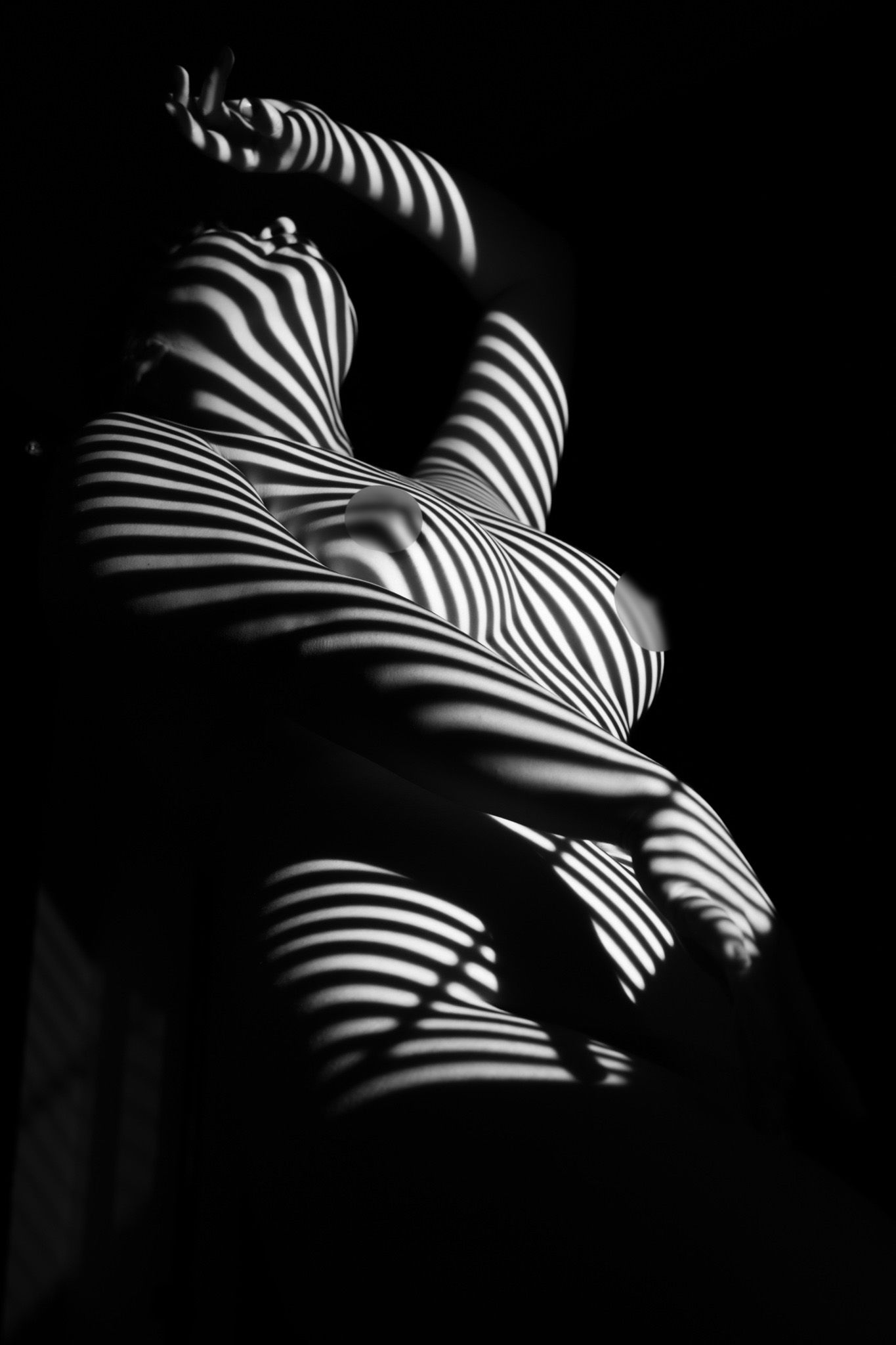 Black and white fine art photo of a nude female figure with dramatic zebra stripe light across the body. Boudoir photography Christchurch