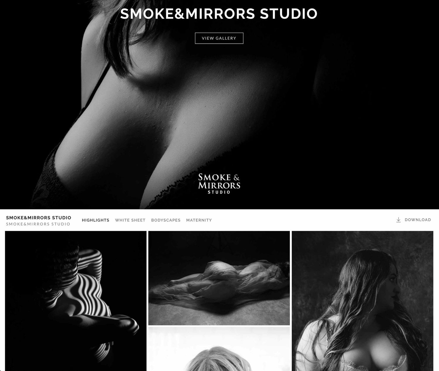 Black and white fine art boudoir photography studio website showcasing elegant nude artistic portraits with dramatic lighting.