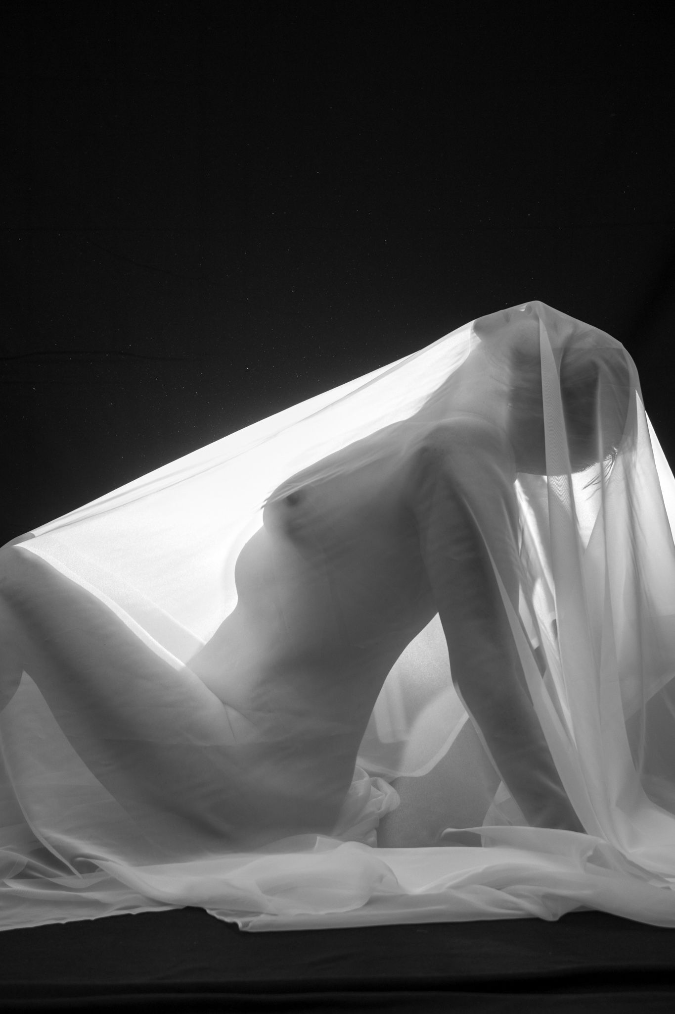 Black and white artistic photograph of a figure draped under sheer white fabric. Boudoir photography Christchurch