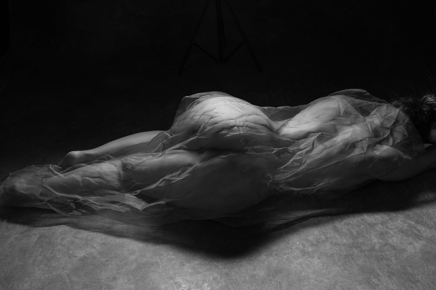 Black and white fine art photo of a nude figure lying down draped in sheer flowing fabric. Boudoir photography Christchurch