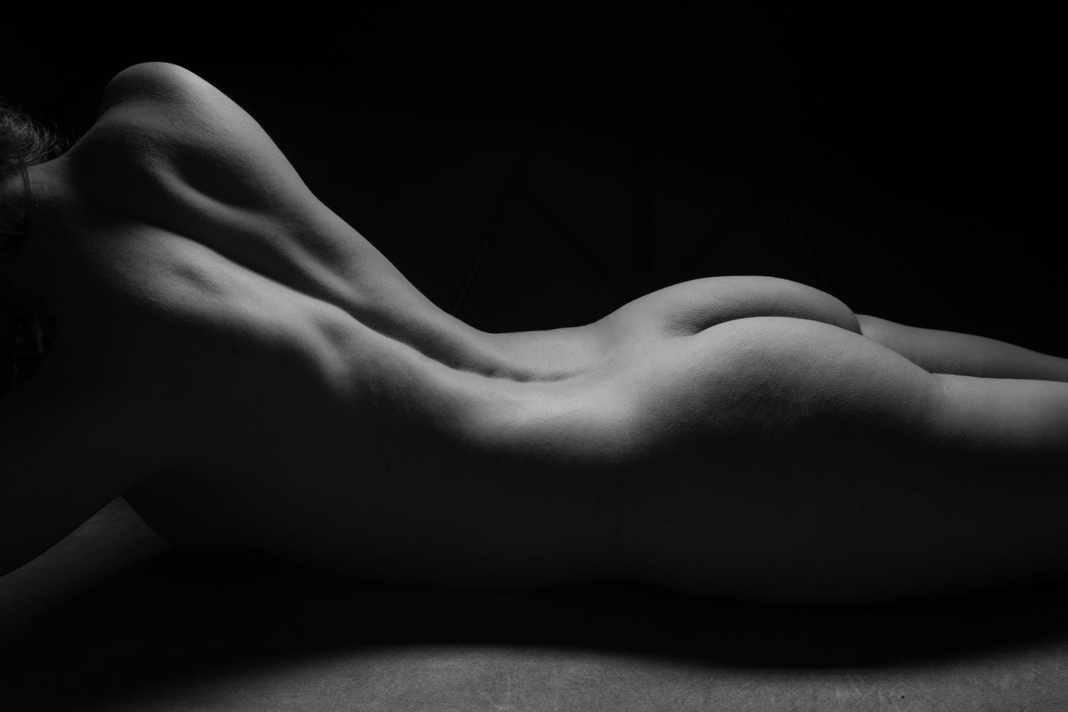 Black and white fine art nude photograph highlighting the curves of a womans back and figure. boudoir photography Christchurch bodyscape