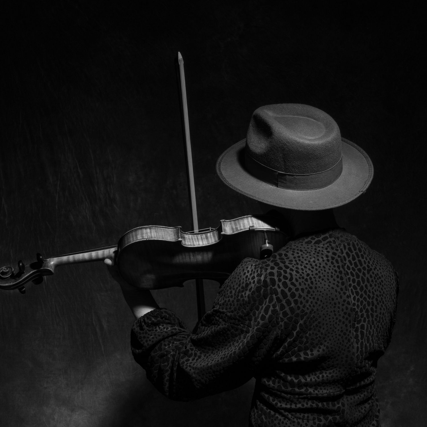 Black and white rear view of a violin player in a fedora hat performing against dark background. portrait photography Christchurch