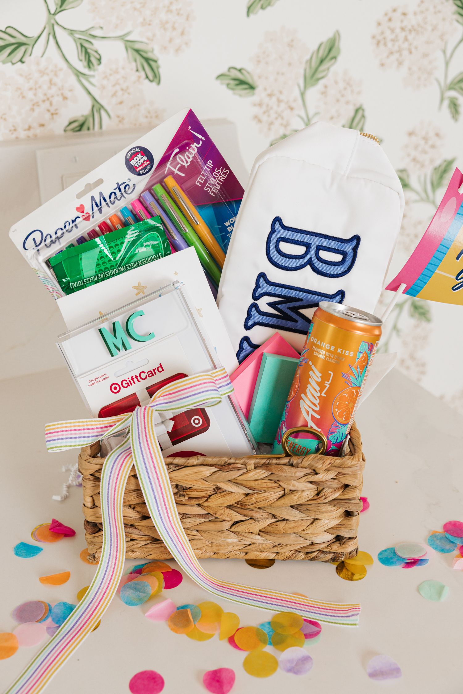 Back-to-school gift basket with monogrammed sweatshirt, Target gift card, and Paper Mate markers.