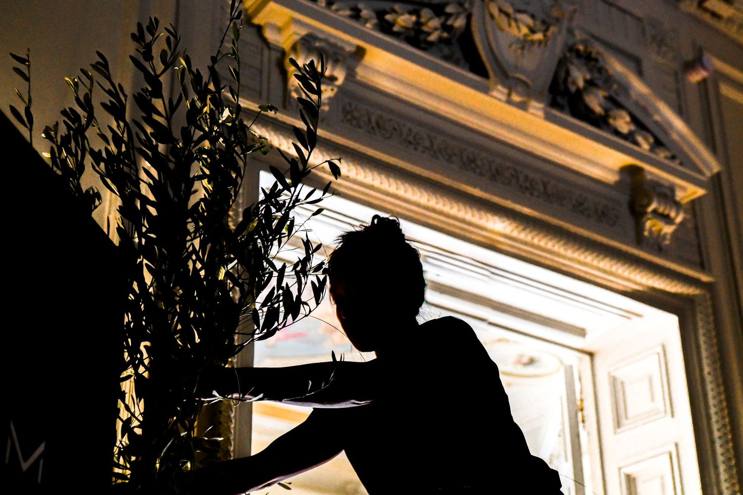 Silhouette of woman arranging olive branches beside ornate gold framed doorway at night.
