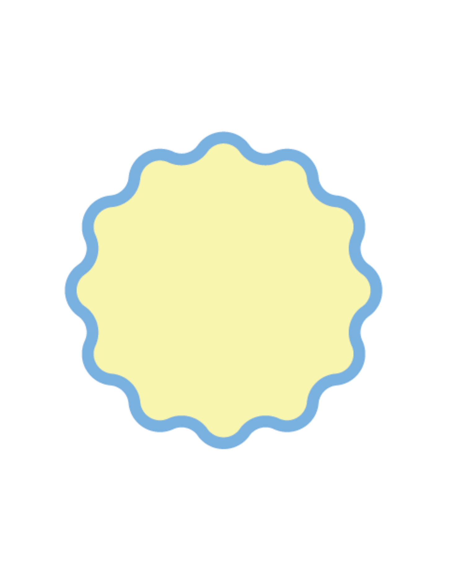 Yellow scalloped round badge with blue wavy border on white background.