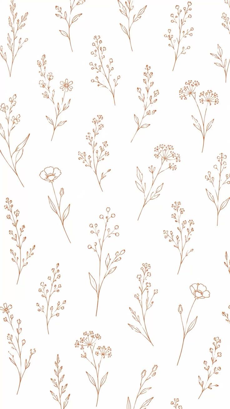 Minimalist boho wildflower pattern with delicate brown line art stems on a clean white background.