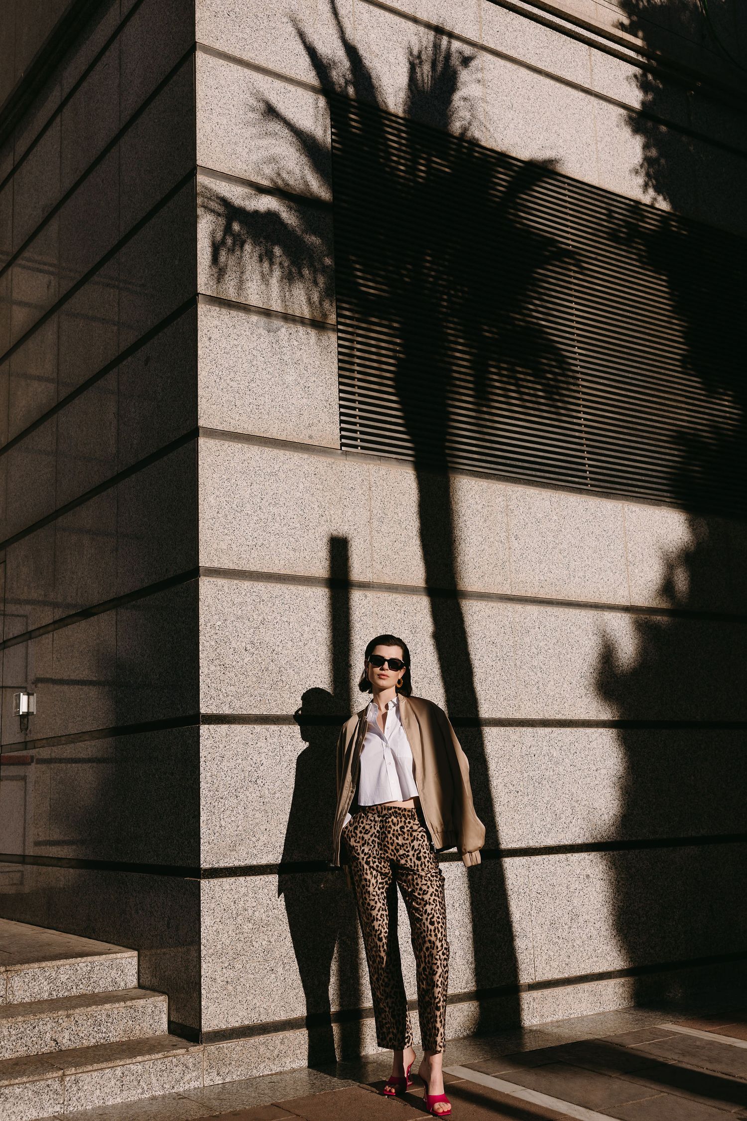 Fashion photo with palm tree shadow on wall and person in leopard print pants.
