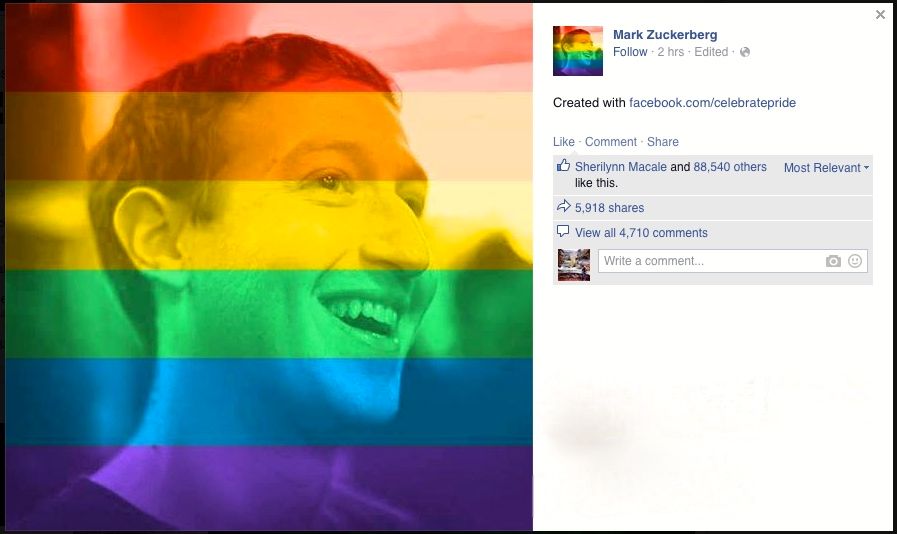 Mark Zuckerberg's Facebook profile photo overlaid with rainbow Pride flag colors in support of LGBTQ rights.