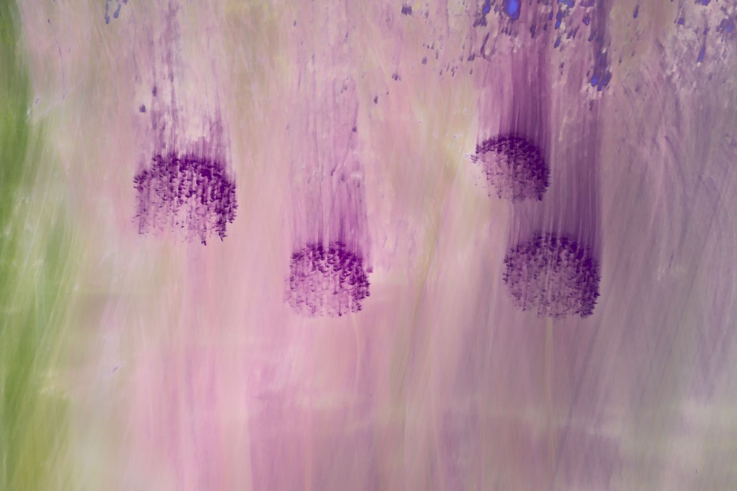 Abstract purple and green artwork featuring blurred circular floral shapes on a soft pink background.