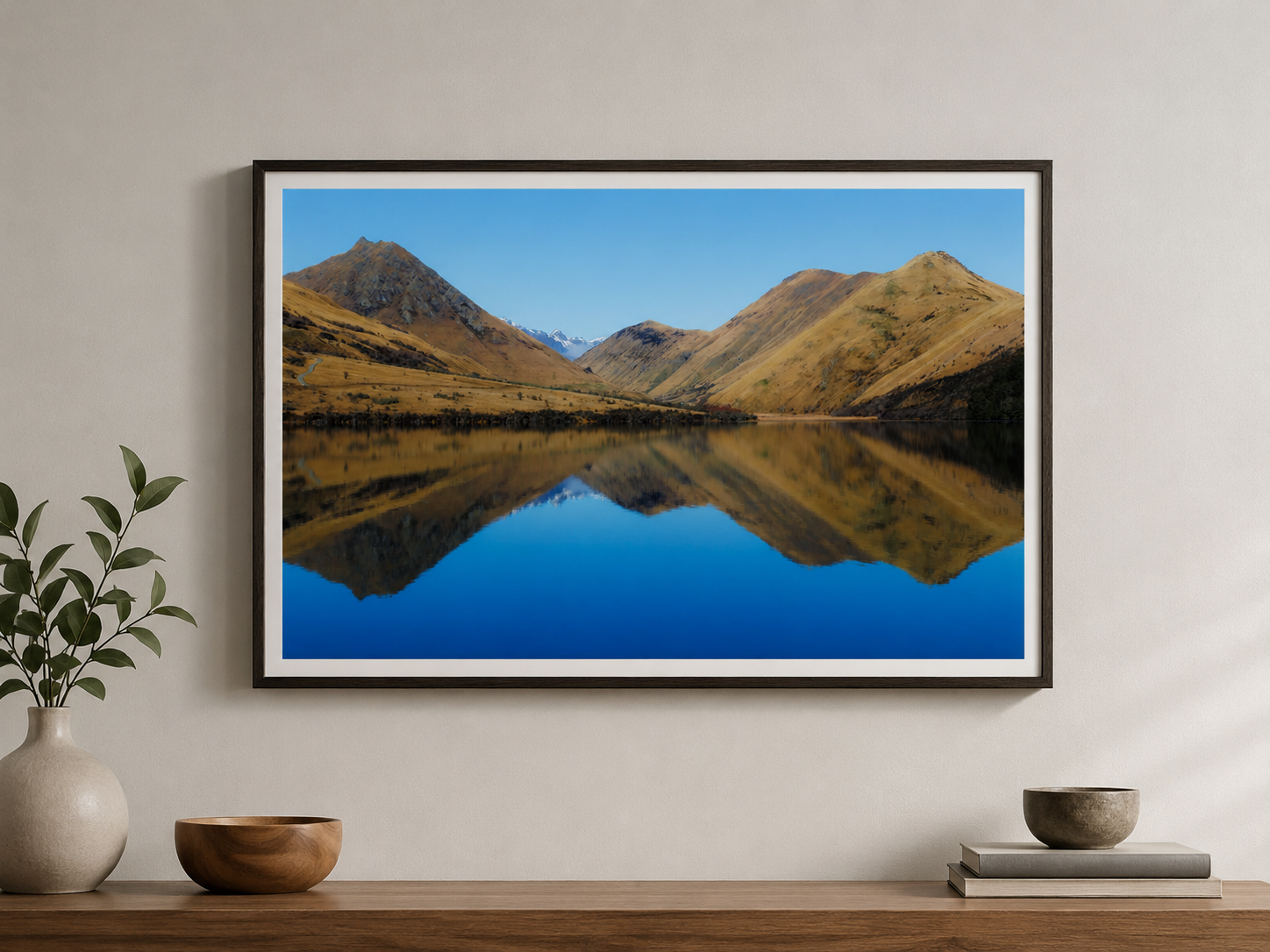 Framed print of Still Waters by Locky B Photography, showing a calm mountain reflection at Moke Lake displayed on a living room wall.