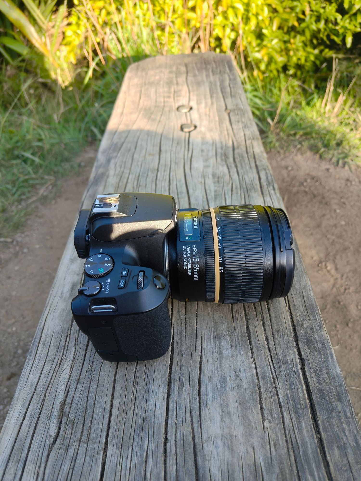 Canon EOS 200D II with 15–85mm lens resting on a wooden bench outdoors.