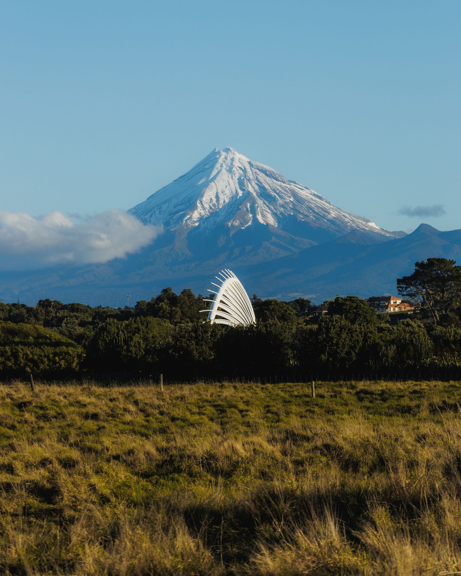 Mount Taranaki rising above native bush with Te Rewa Rewa Bridge appearing small in the landscape near New Plymouth, New Zealand.
