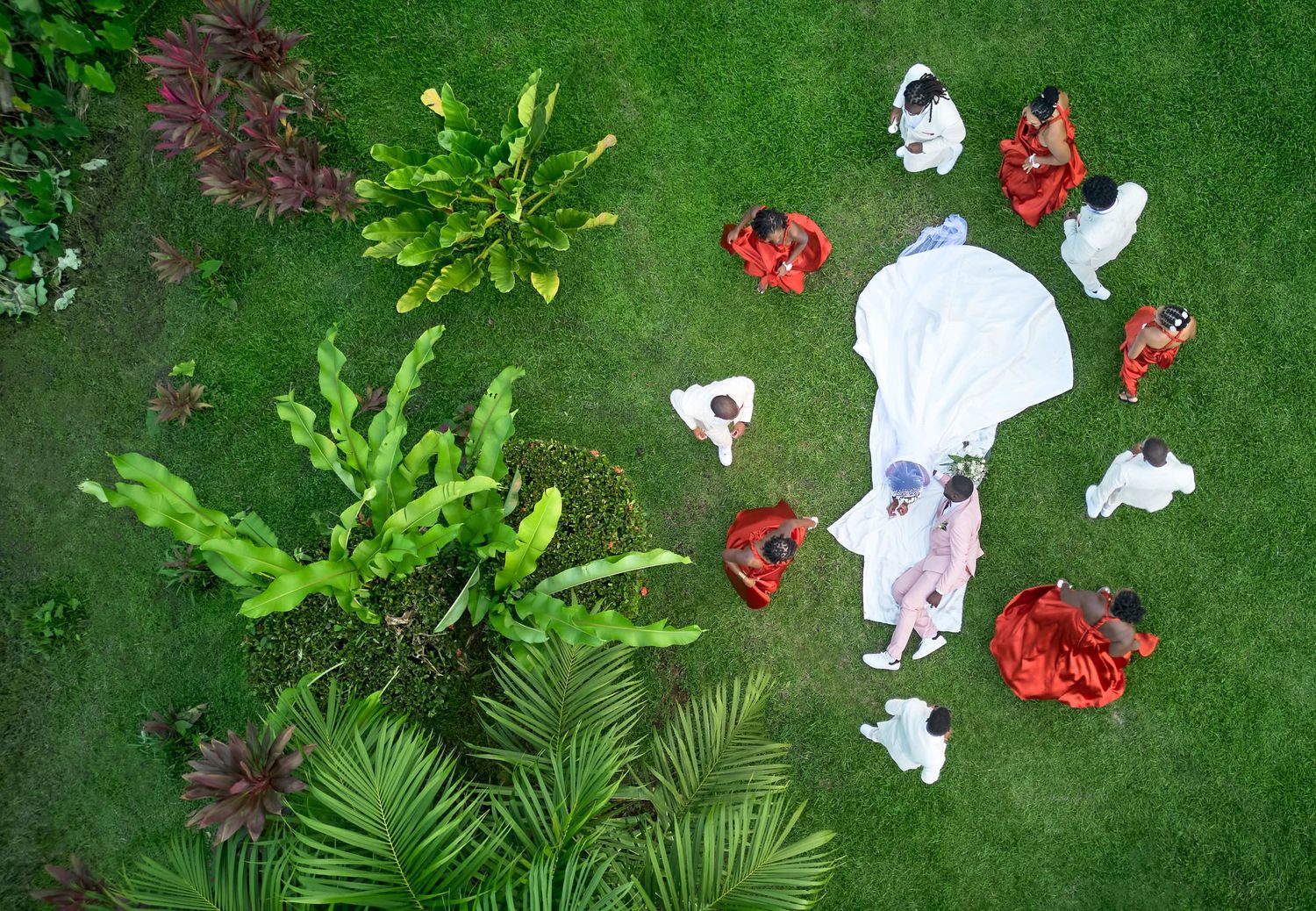 Vue aérienne d'un mariage dans un décor tropical au Jardin du centenaire à Saint-Joseph Martinique