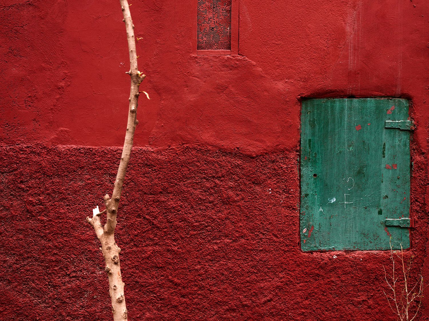 A vibrant red textured wall with a weathered green wooden shutter window and a bare branch leaning against it.