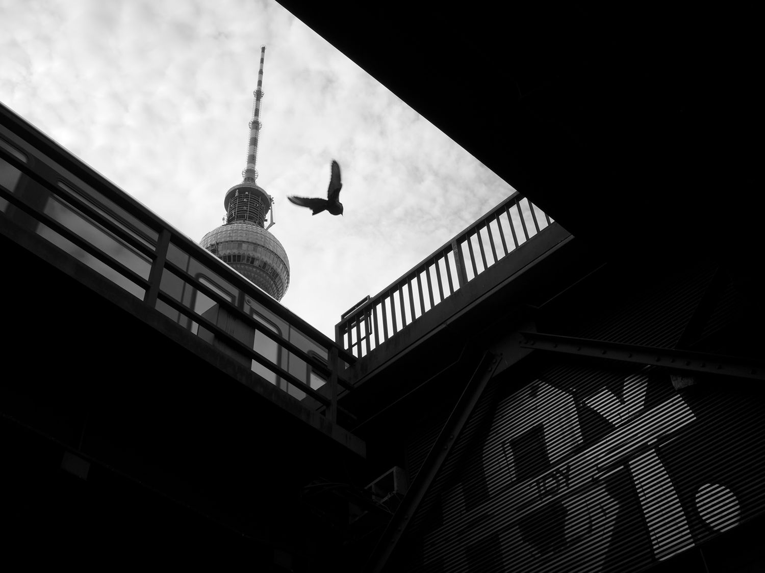Black and white photo of Berlin TV Tower with a bird in flight, viewed from below a dark urban bridge.