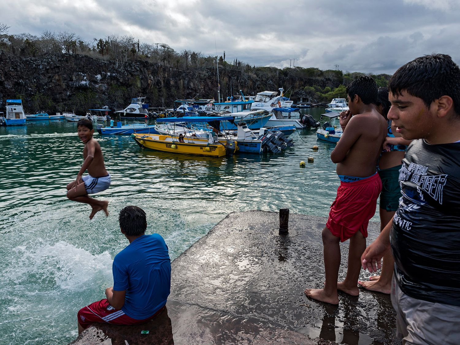 Boys playing and jumping off a dock into a harbor with colorful boats moored in the background.