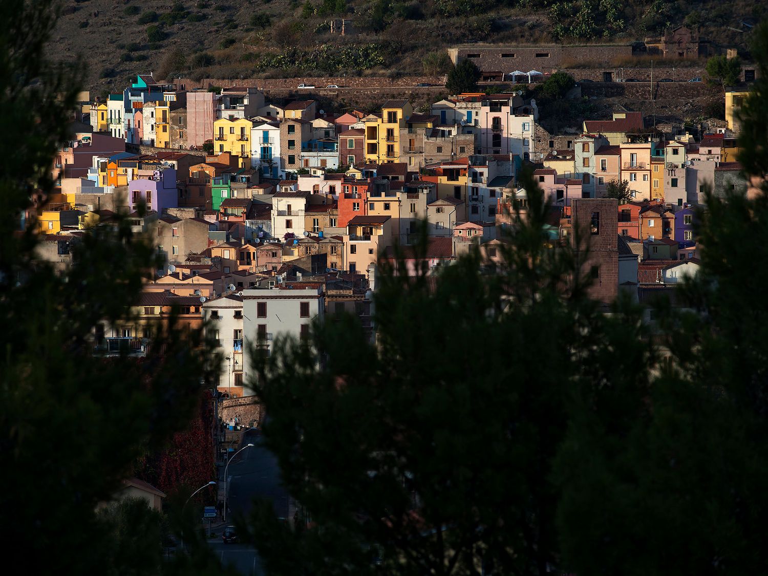 Colorful hillside village buildings illuminated by warm sunset light surrounded by lush green trees.
