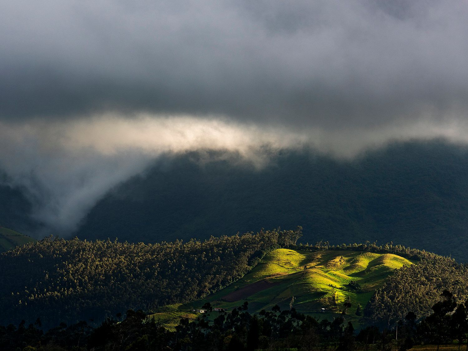 Dramatic storm clouds roll over lush green terraced hillsides bathed in golden sunlight in a mountainous landscape.
