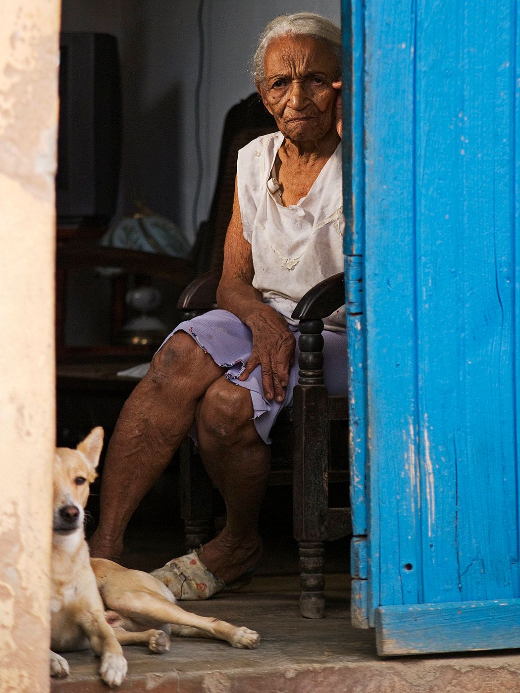 Elderly woman sitting in doorway beside blue door with a resting dog on sunlit porch.