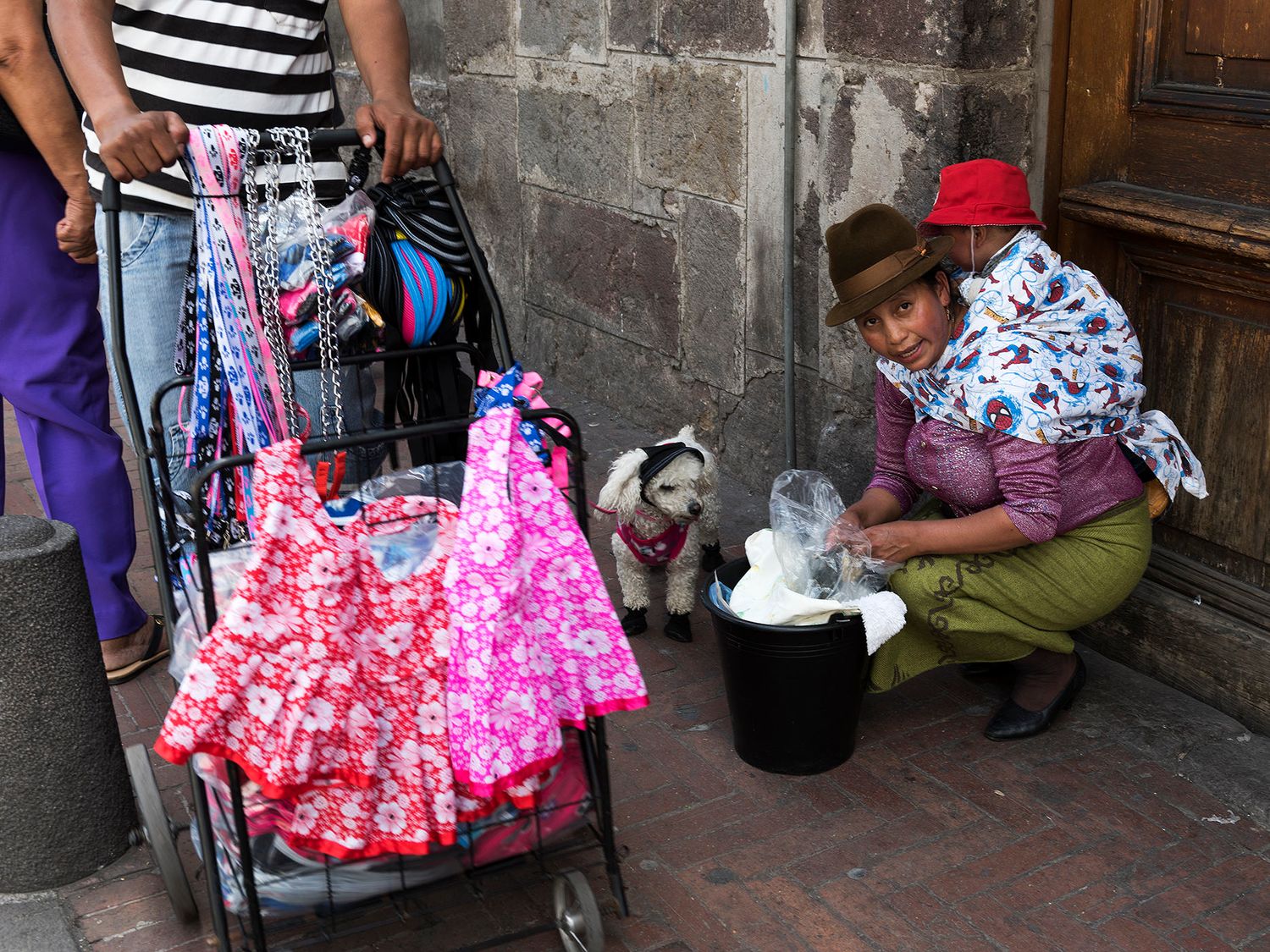 Woman crouching by a bucket near a small dog and a stroller with colorful clothes on a city street.
