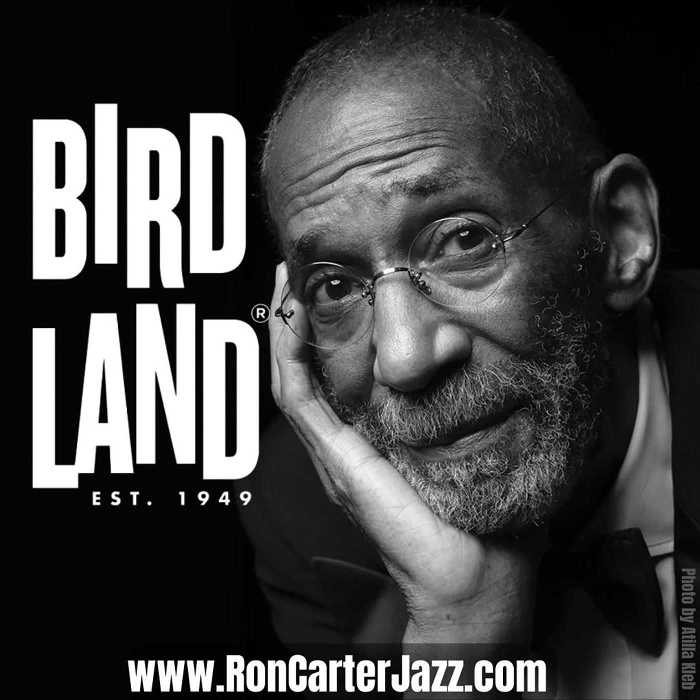 Black and white portrait of jazz musician Ron Carter beside Birdland Est. 1949 logo, promoting RonCarterJazz.com.