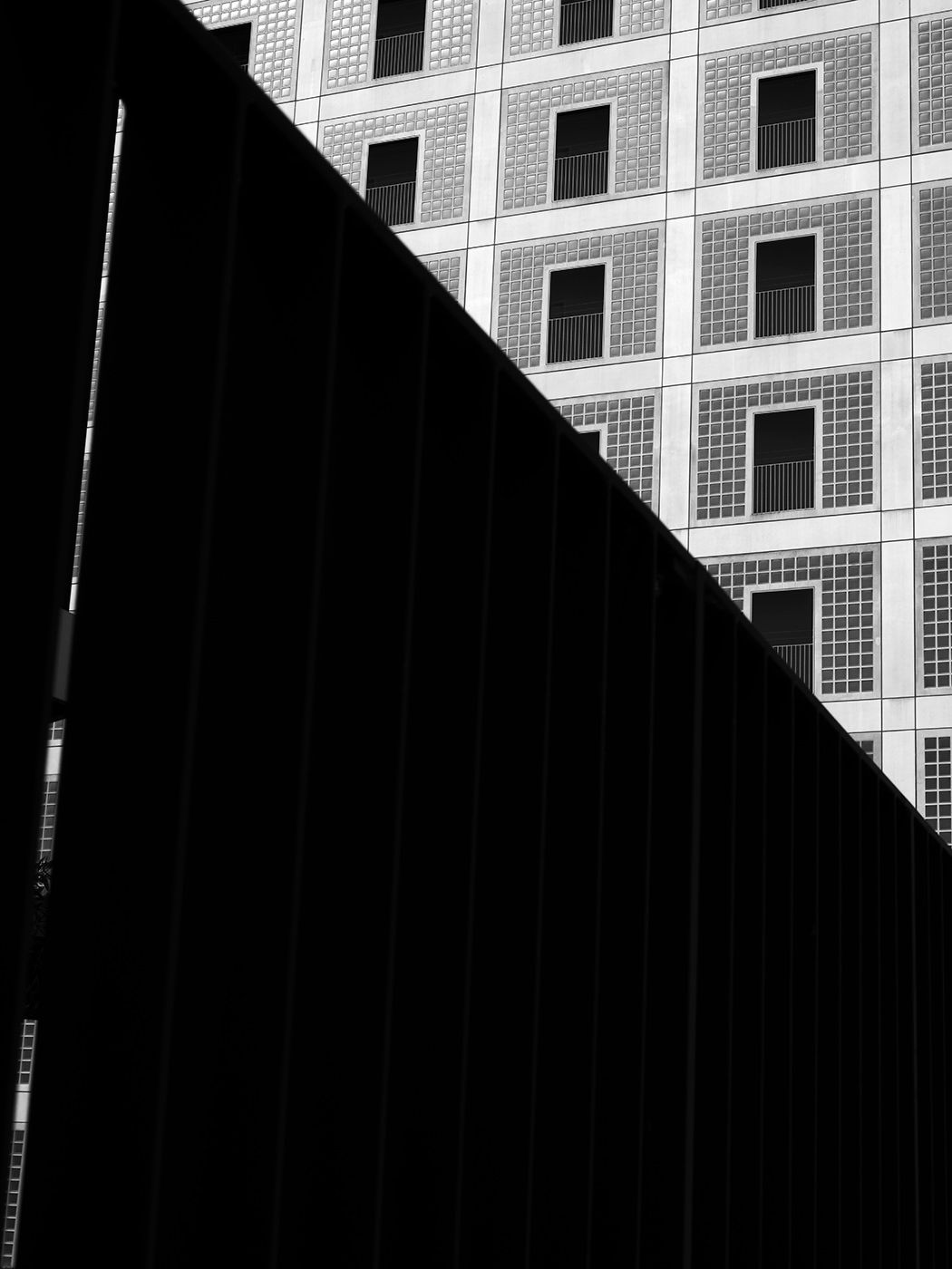 Black and white architectural photo contrasting a dark ribbed wall with a grid-patterned building facade.