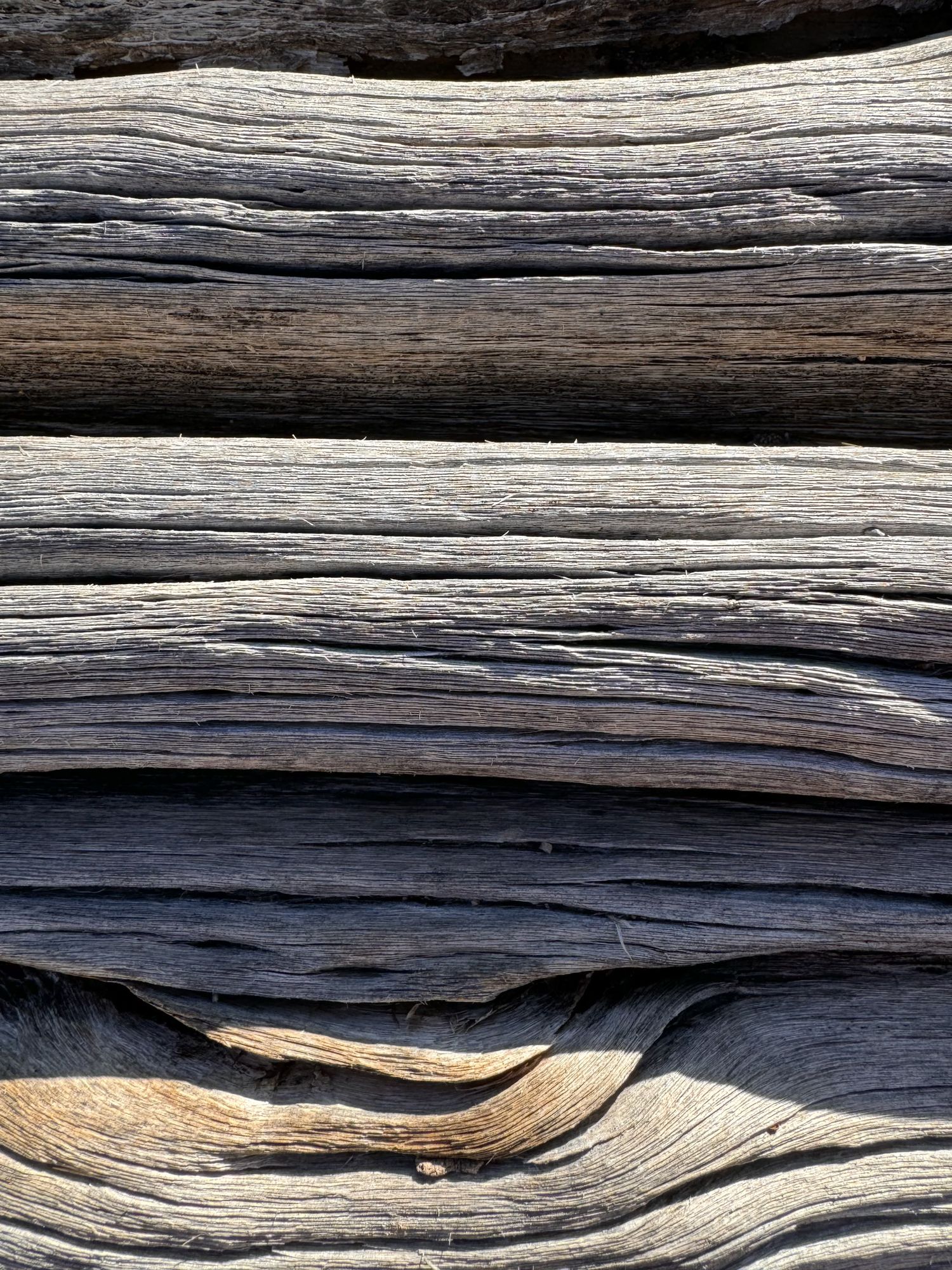 Close-up texture of weathered gray driftwood logs stacked horizontally showing natural grain.