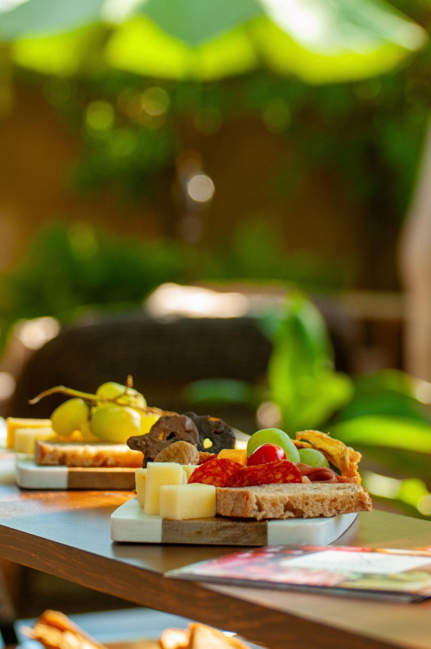 Outdoor charcuterie board with cheese, fruits, bread, and tomatoes on a table surrounded by lush greenery.