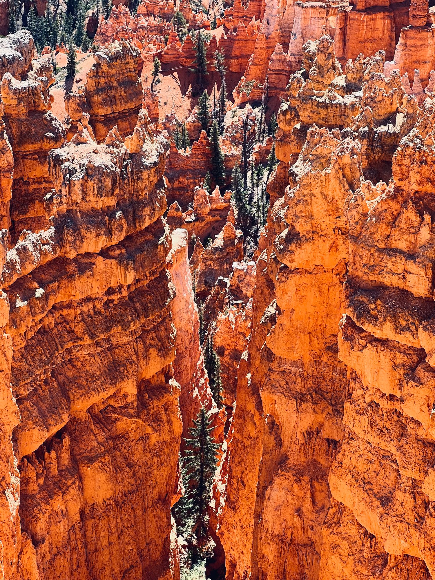 Dramatic aerial view of Bryce Canyon hoodoos with orange red rock formations and snow dusting.