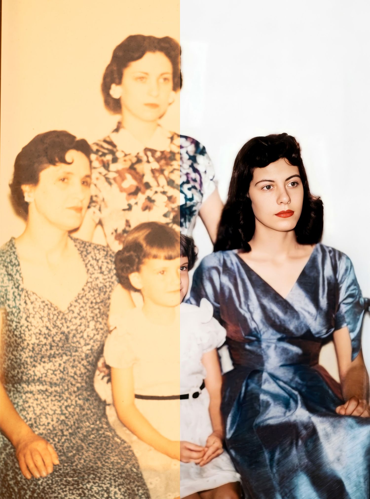 Split image comparing vintage black and white family photo with colorized version of young woman.