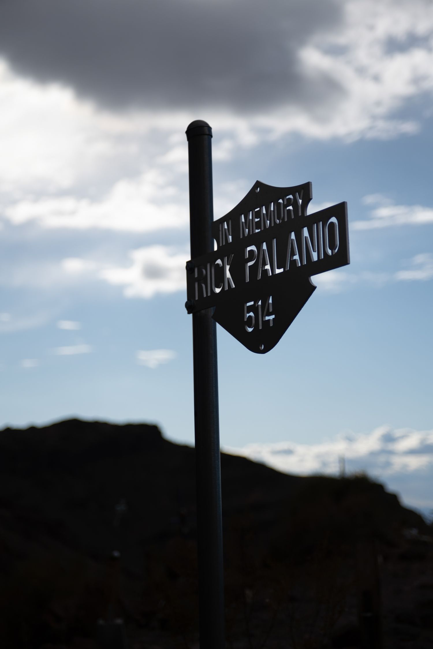 Dark metal memorial sign for Rick Palanio 514 mounted on a pole against a cloudy blue sky.