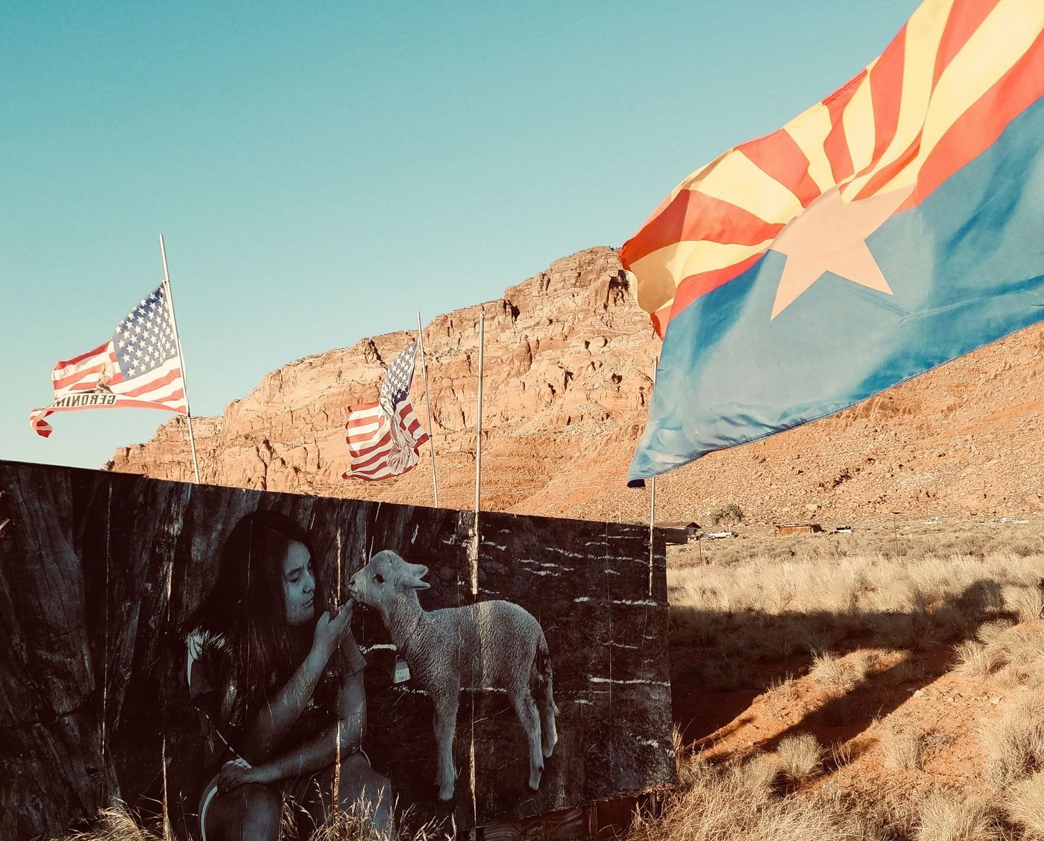 Arizona and American flags flying over a desert canyon mural with Native American artwork.