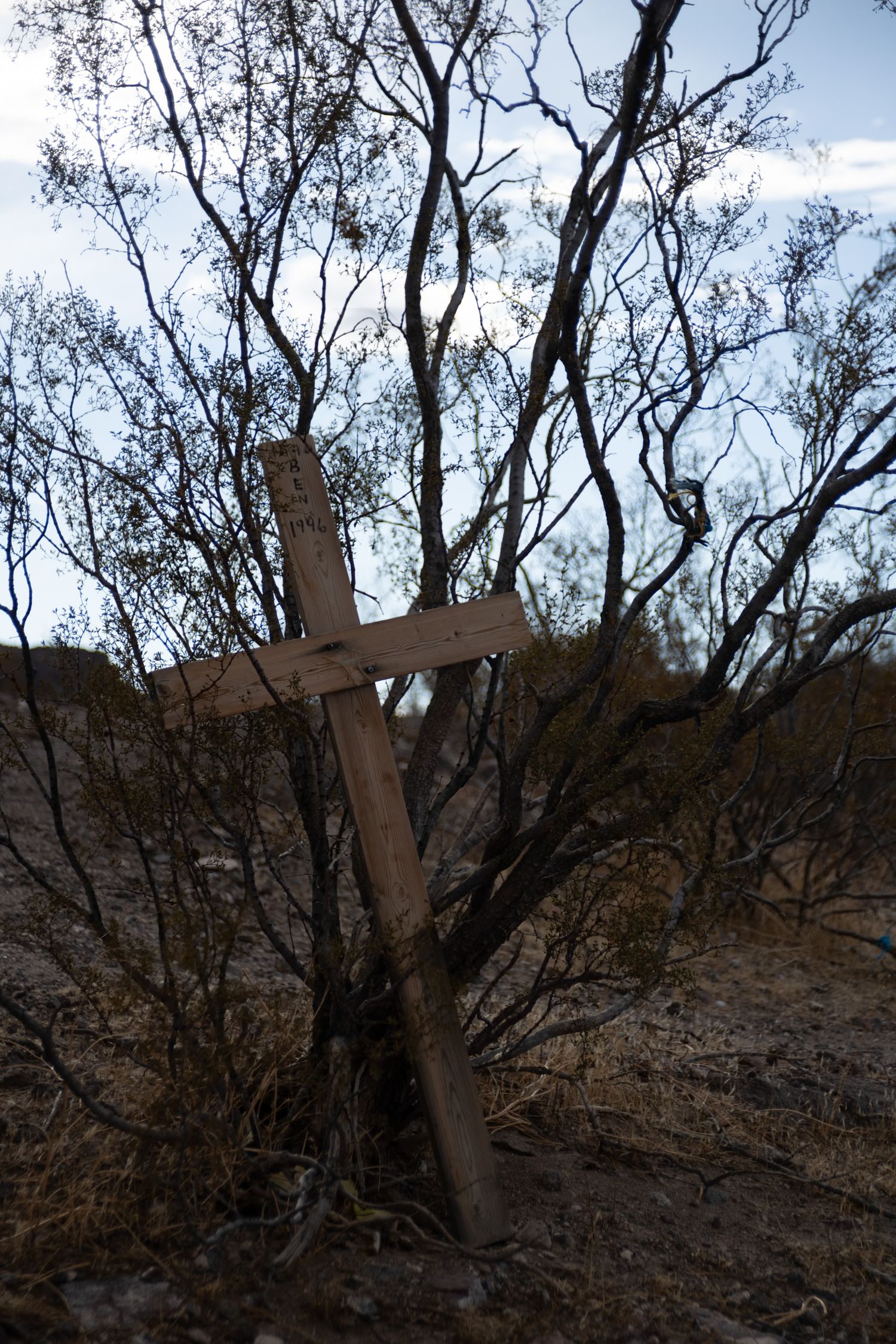 Weathered wooden cross leaning against bare trees in a dry desert landscape.