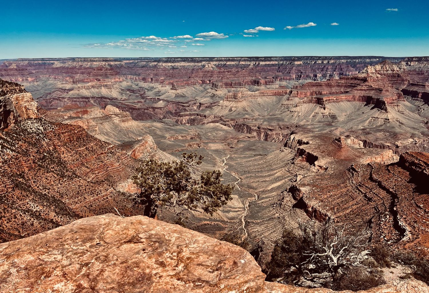 Aerial panoramic view of the Grand Canyon's layered red rock formations under a clear blue sky.