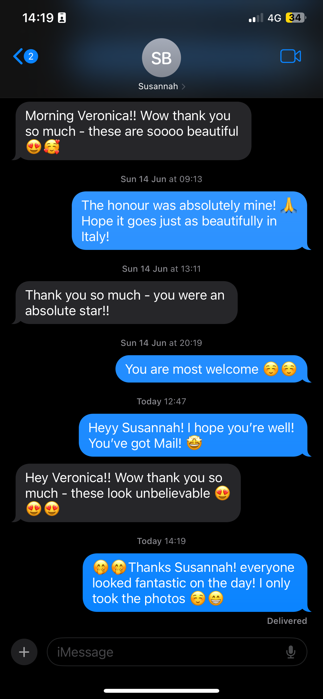 iPhone screenshot of glowing client testimonial messages praising beautiful wedding photography.